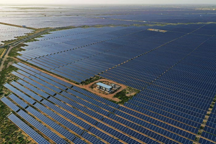 Aerial view of large-scale solar farm, India